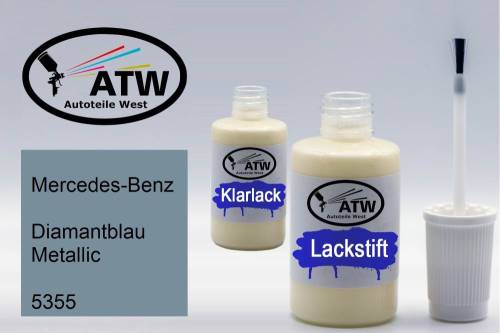 Mercedes-Benz, Diamantblau Metallic, 5355: 20ml Lackstift + 20ml Klarlack - Set, von ATW Autoteile West.